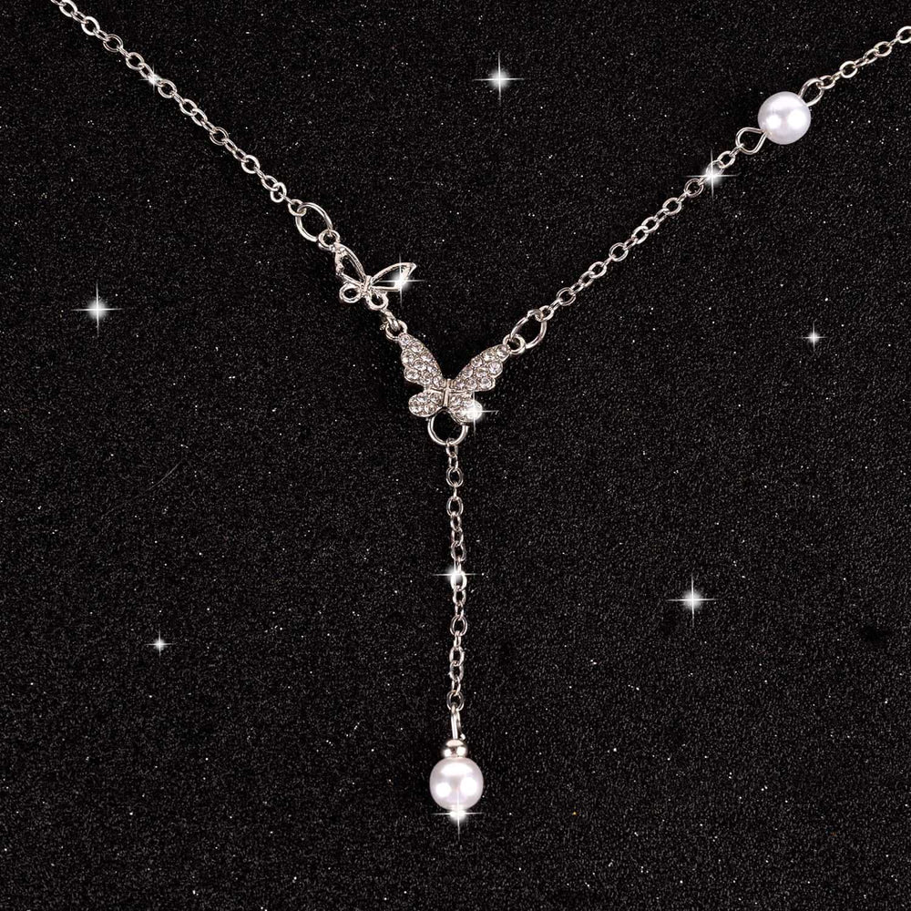 Load image into Gallery viewer, Butterfly Jewelry Set - Silver Pearl Necklace Earrings