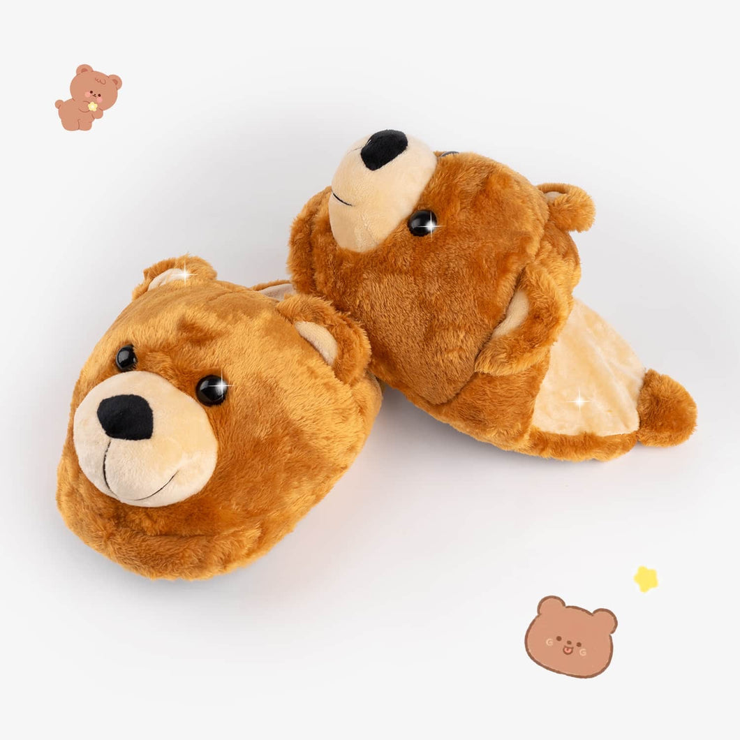 Bear Slippers - Poofy Plush Brown Women M