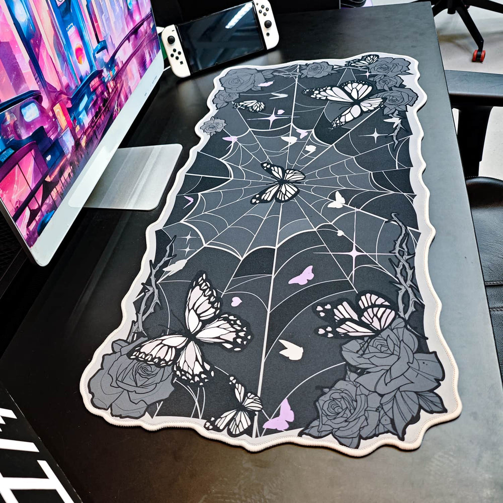 Load image into Gallery viewer, Butterfly Desk Pad | Rose Spider Web Halloween Witch Gothic Mousepad
