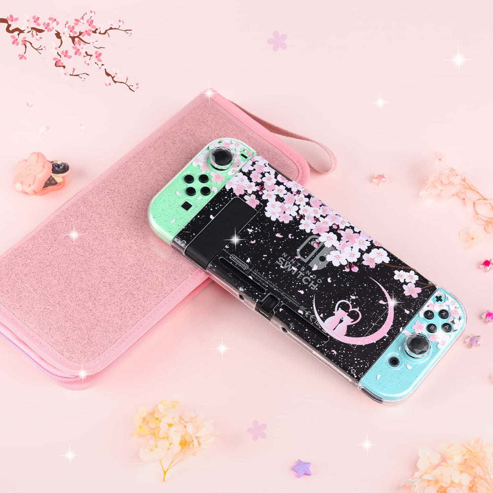 Load image into Gallery viewer, Sakura Cat Glitter Switch Standard OLED Case - Moon Clear Pink Kawaii
