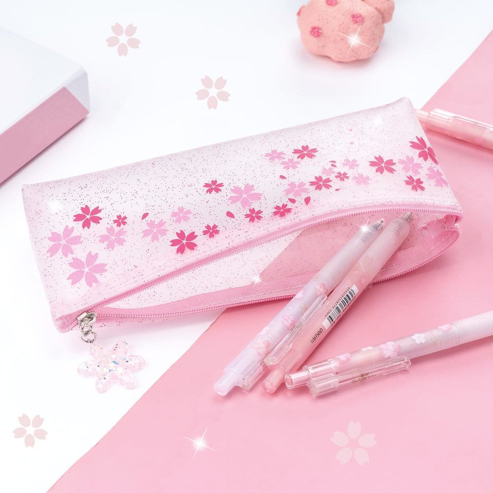 Load image into Gallery viewer, Sakura Pouch - Cute Glitter Clear Pink Pen Pencil Makeup Bag
