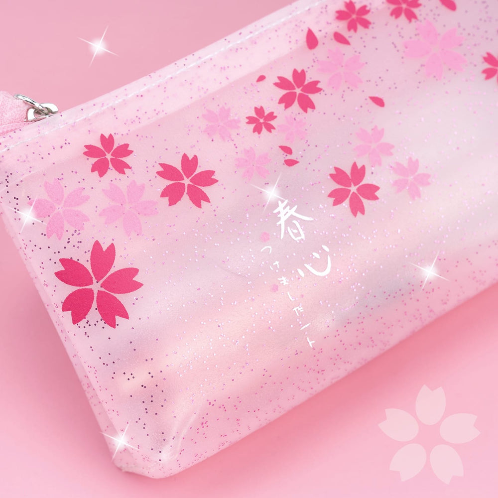 Load image into Gallery viewer, Sakura Pouch - Cute Glitter Clear Pink Pen Pencil Makeup Bag
